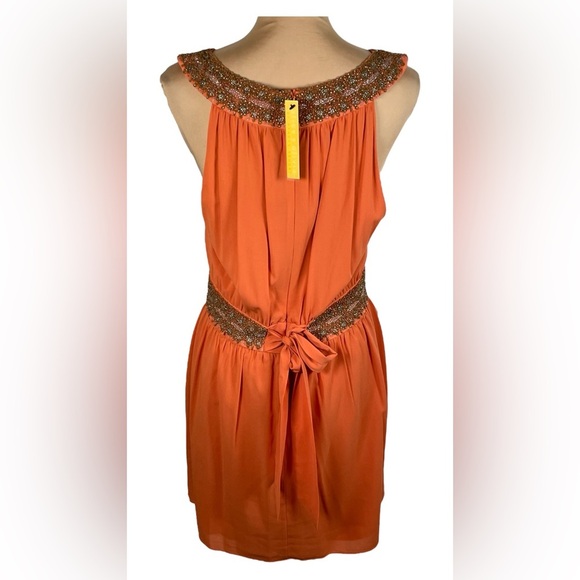 Alice + Olivia Mini Dress Orange Silk High Neck Beaded embroidered A-line Dress - Picture 2 of 8